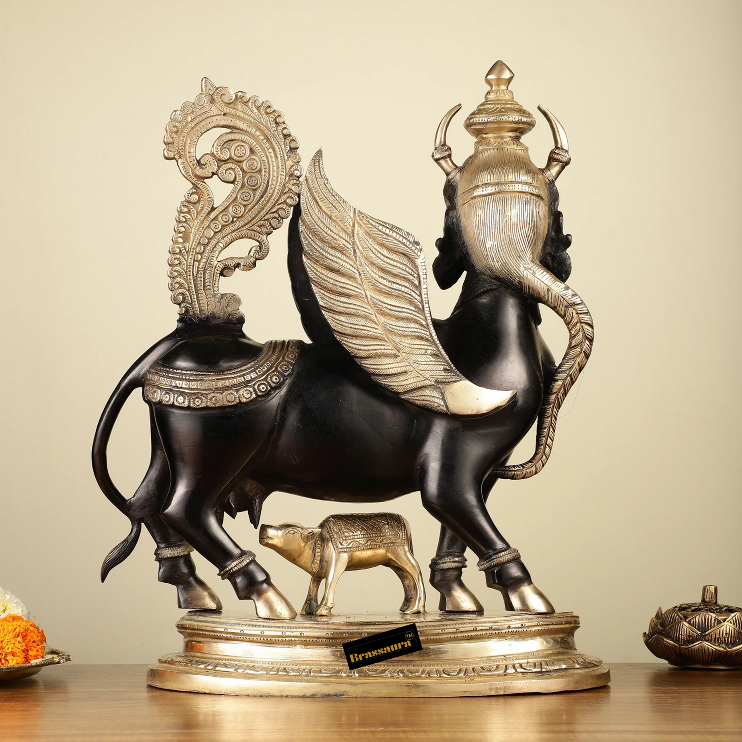 Brassaura™ Kamdhenu Cow with Wings and Mother Face Statue | 16.5 Inches Height | 14 Kgs Weight | Elegant Black Tone Brass