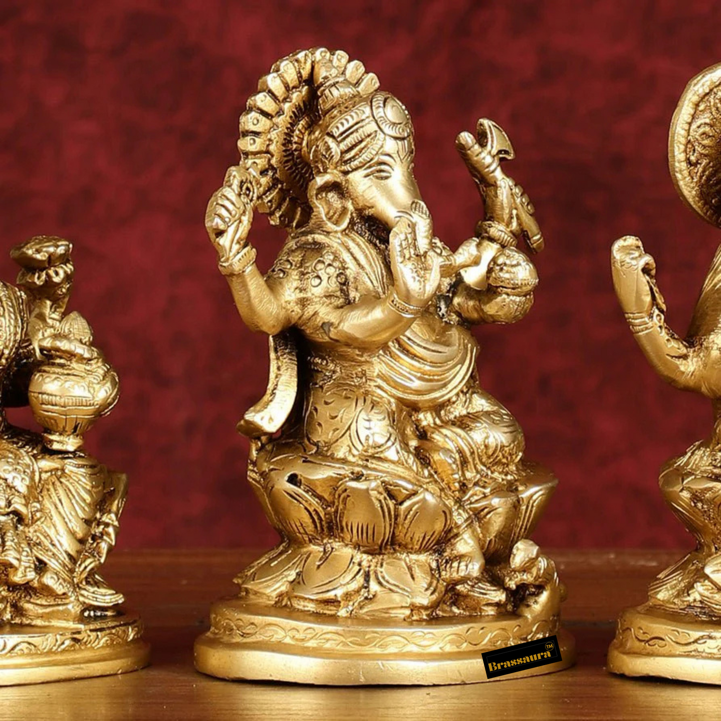Brassaura™ Brass Trio – Ganesha, Lakshmi & Saraswati Idols | Height 5 Inches, Weight 3 Kgs | Auspicious Set