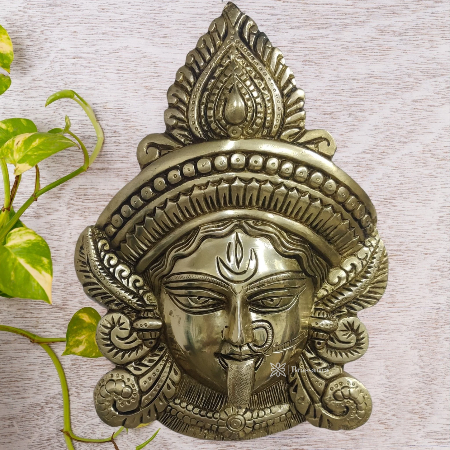 Brassaura™ Goddess Durga Brass Wall Mask – 2.2kg | 10.5" Height – Shiny Finish | Handcrafted Wall Mount