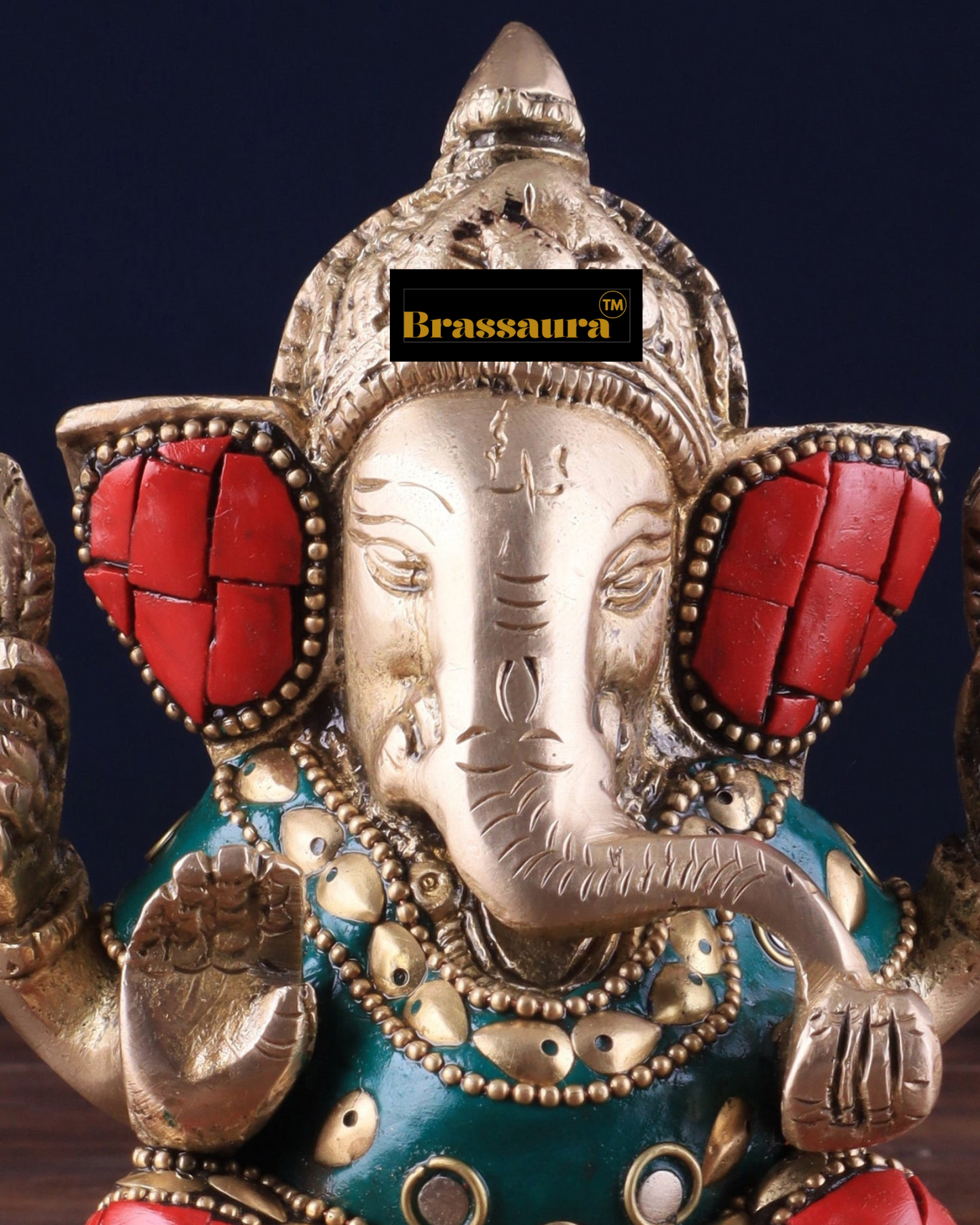 Brassaura™ Small Pure Brass Lord Ganesha Idol – 5 Inch Height | 0.8 kg | Intricate Stonework | Spiritual Décor