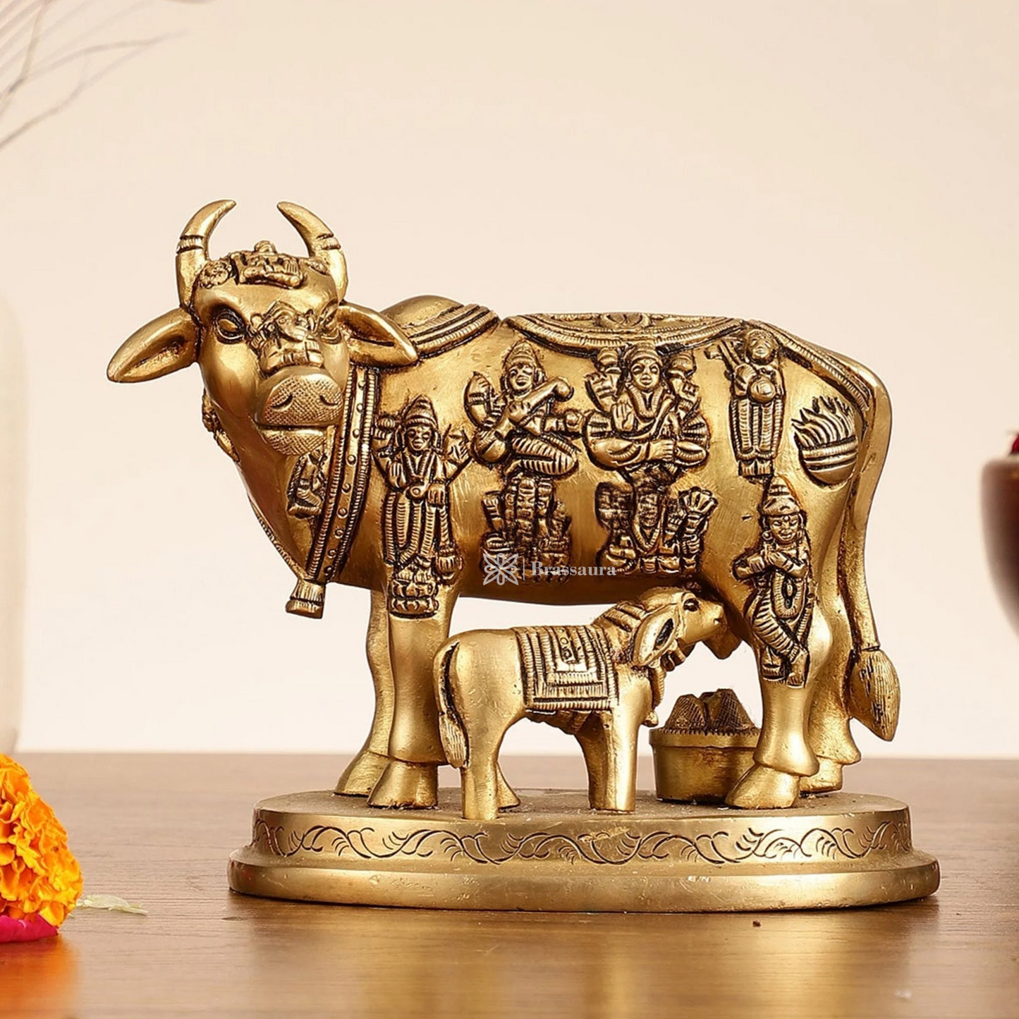 Brassaura™ Engraved Brass Kamdhenu Statue | 5 Inches Height | 2 Kgs Weight | Antique Gold Finish