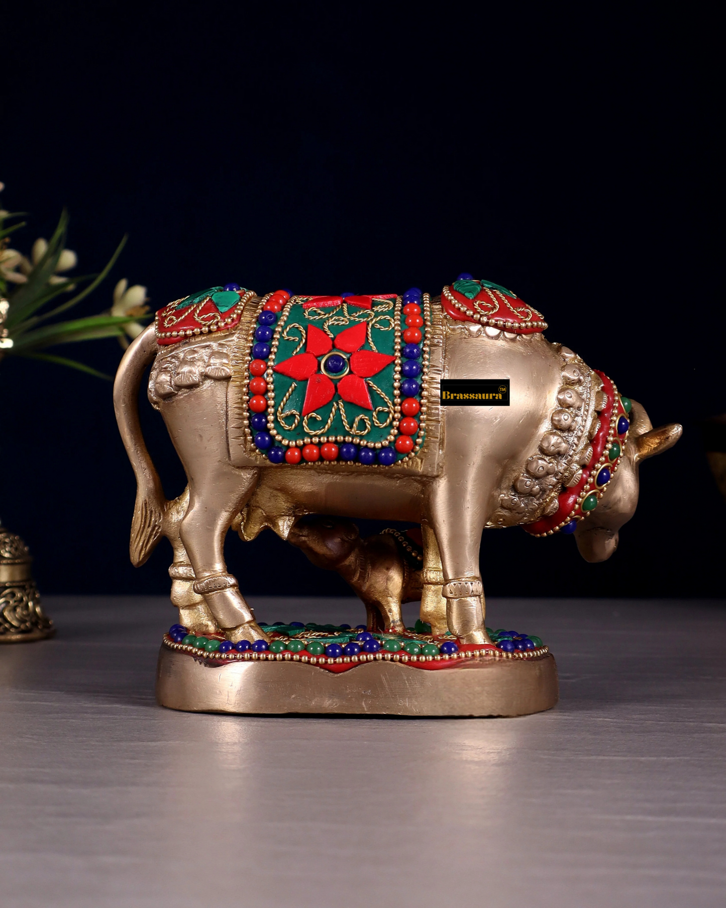 Brassaura™ Handcrafted Brass Kamdhenu Cow with Calf Idol | 3.8 Inches Height | 915g Weight | Symbol of Abundance & Blessings