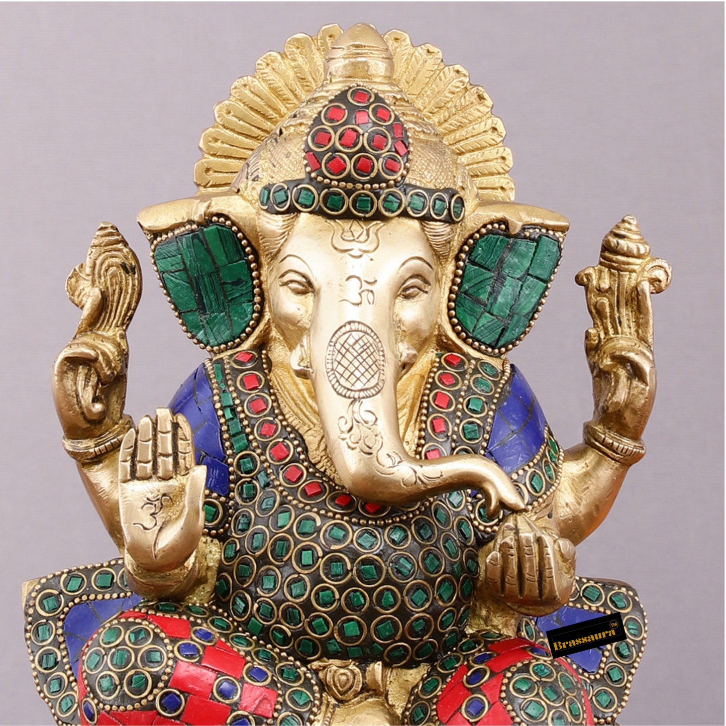 Brassaura™ Brass Gemstone Work Ganesha Idol – 10 Inch Height | 4.5 kg | Multi-Coloured | Good Luck Statue for Home Decor, Diwali, Housewarming & Wedding Gift