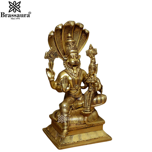 Brassaura® Narasimha Lakshmi Brass Murti | Golden Butter Brass Finish | Height 13 Inches