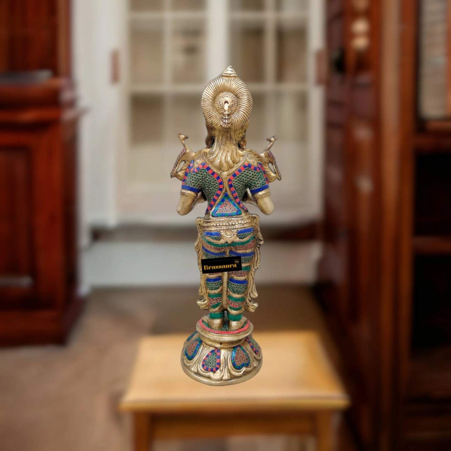 Brassaura™ Superfine Brass Lakshmi Deepam Lamp with Natural Stone Inlay | 30 Inches Height | 17 Kgs Weight | Traditional Decor & Gifting