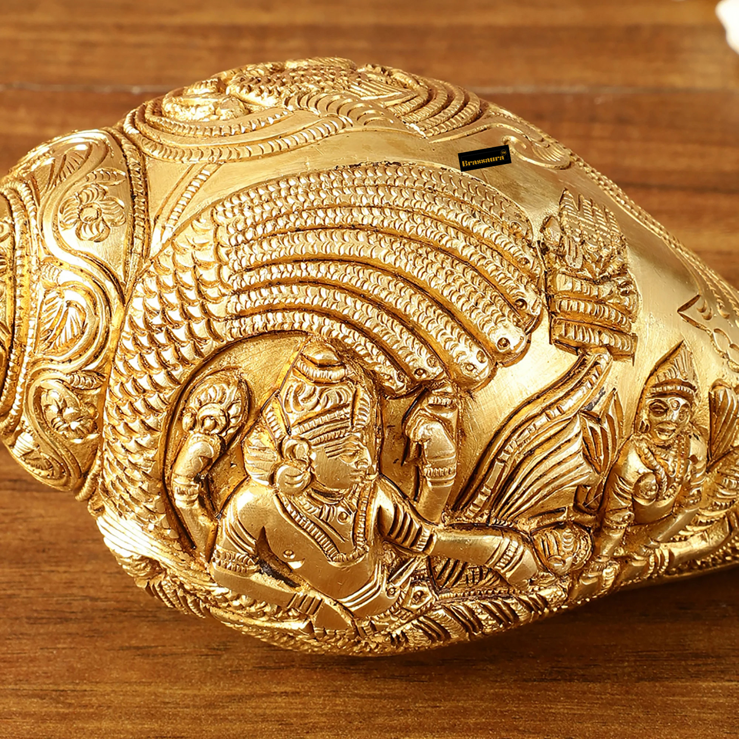 Brassaura™ Pure Brass Lakshmi Narayana Resting on Sheshanaag Shankh | 3.5 Inches Height | 1.5 Kgs Weight | Auspicious Home Décor