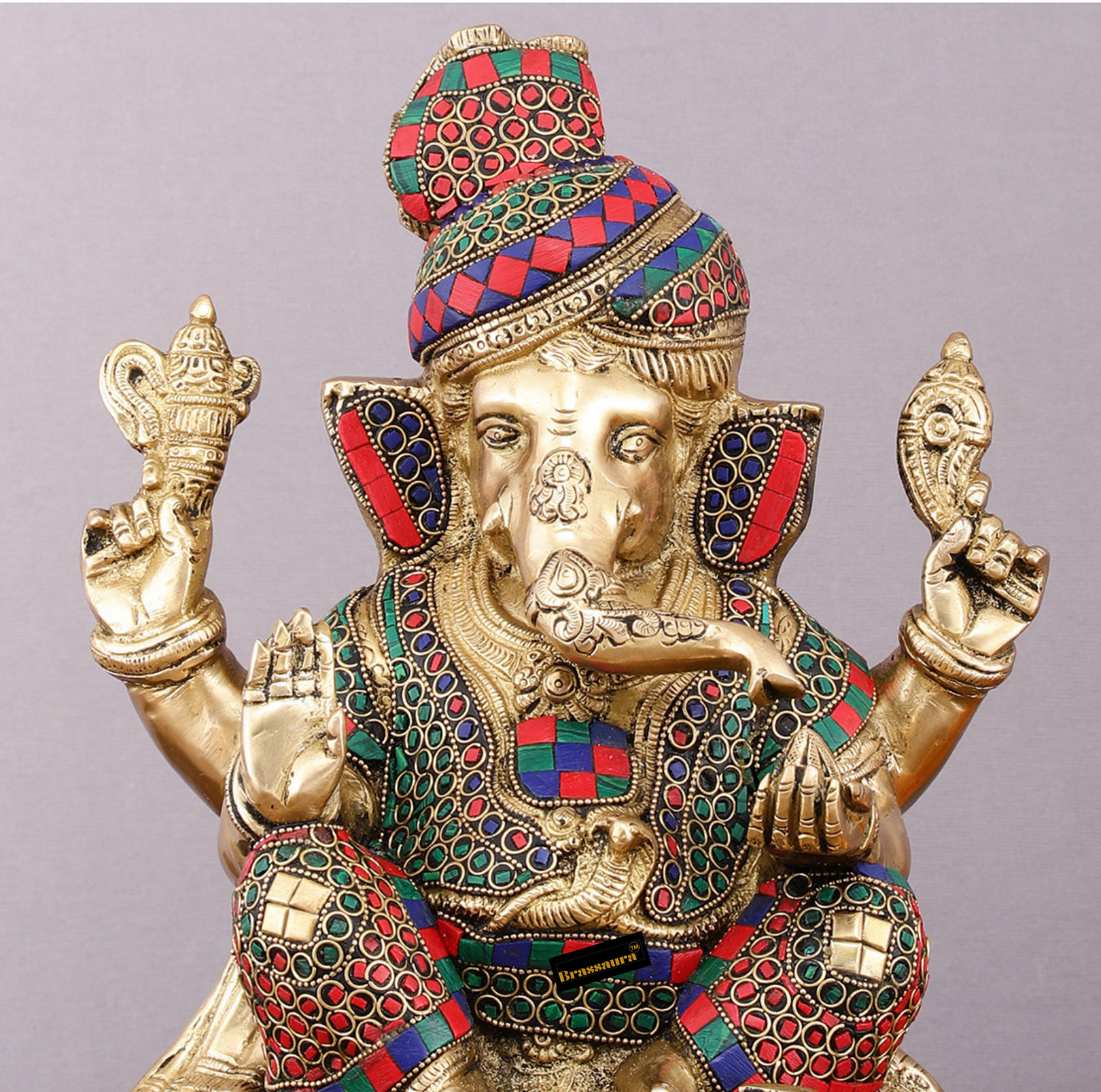Brassaura™ Brass Superfine Handcrafted Lord Ganesha Idol with Pagadi – 11" Height, 7.5 kg – Meenakari Stonework