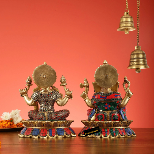 Brassaura™ Brass Divine Pair – Lord Ganesha & Goddess Lakshmi on Lotus – Height 11 Inches, Weight 14 Kgs