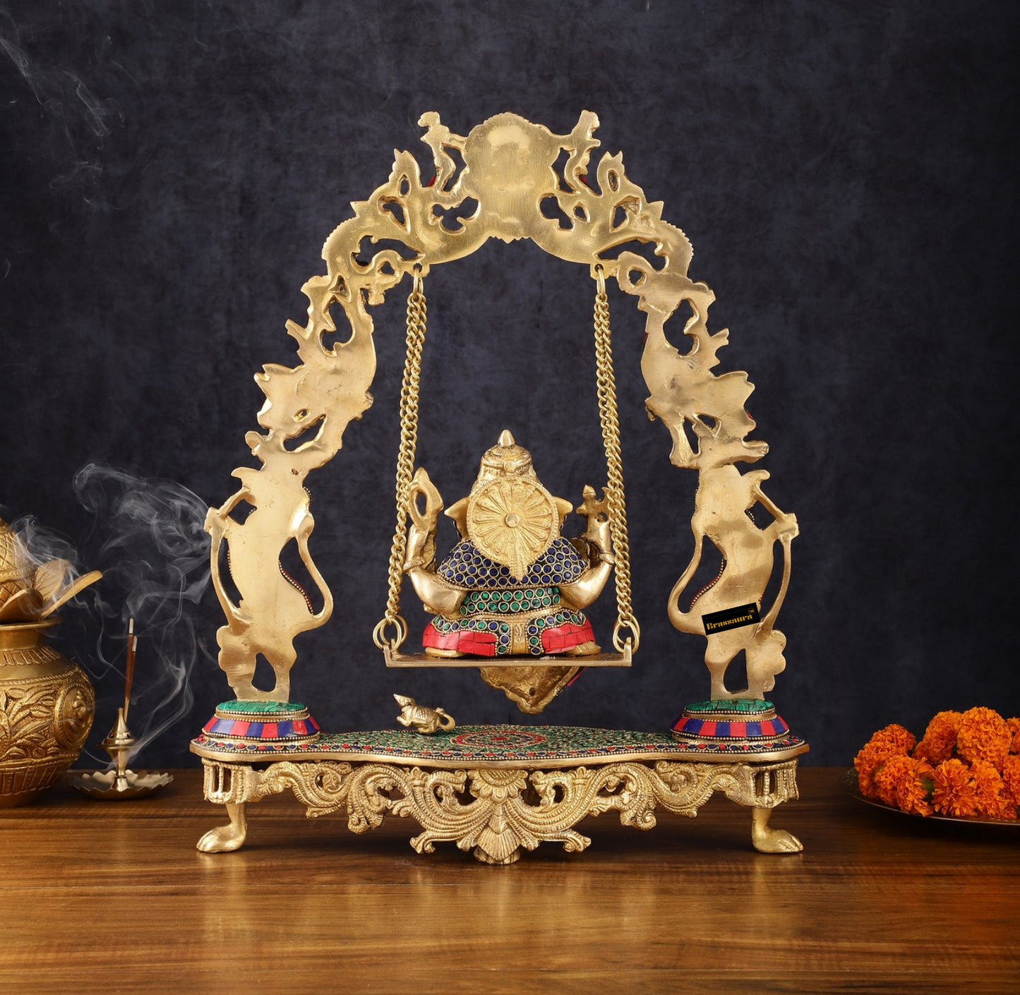 Brassaura™ Magnificent Brass Lord Ganesha Swing – 18" Height, 7.5 kg – Adorned with Multicolor Stonework