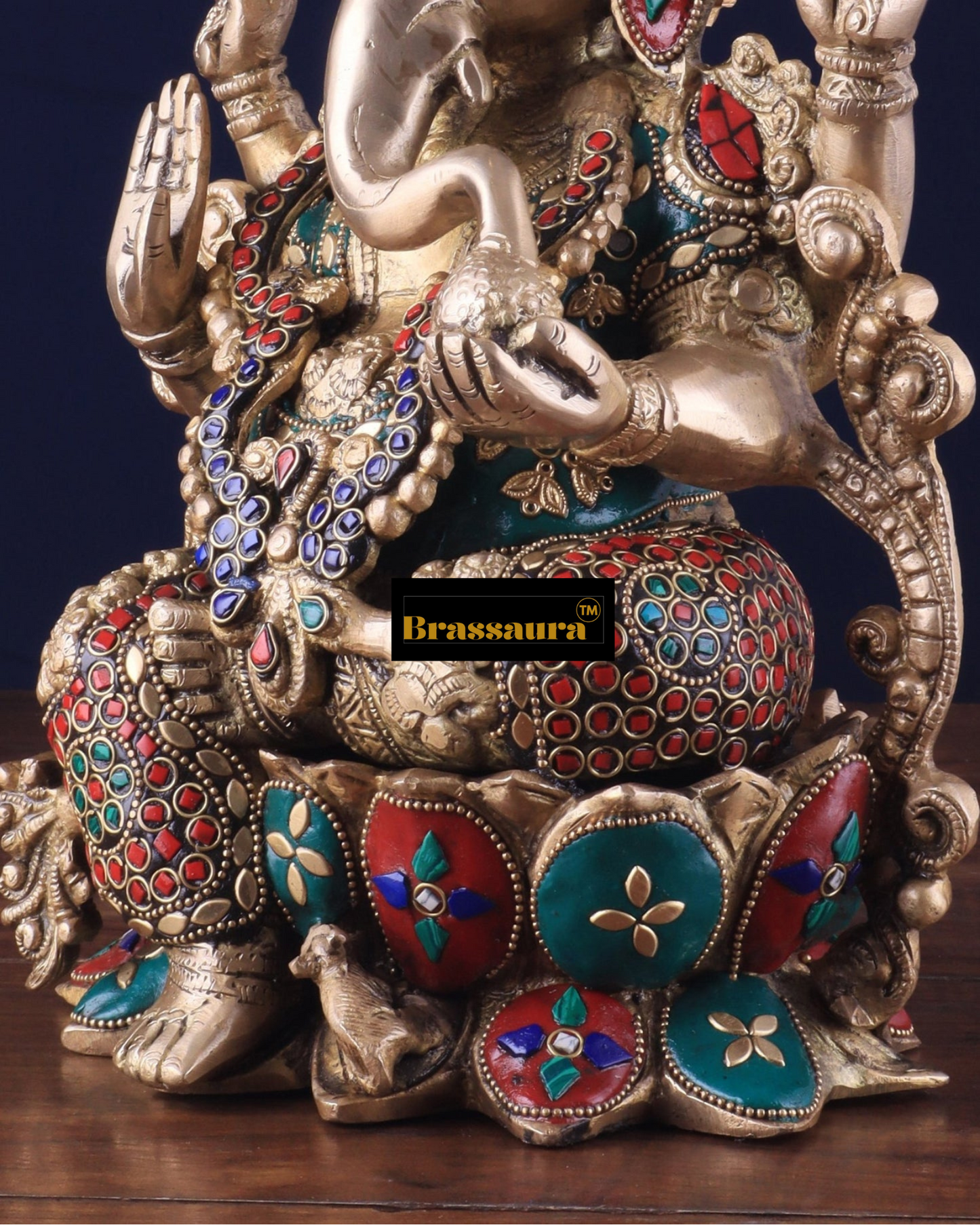 Brassaura™ Handcrafted Pure Brass Ganesha Idol with Meenakari Stonework – 12.25" Height, 8 kg – Lotus Base Masterpiece