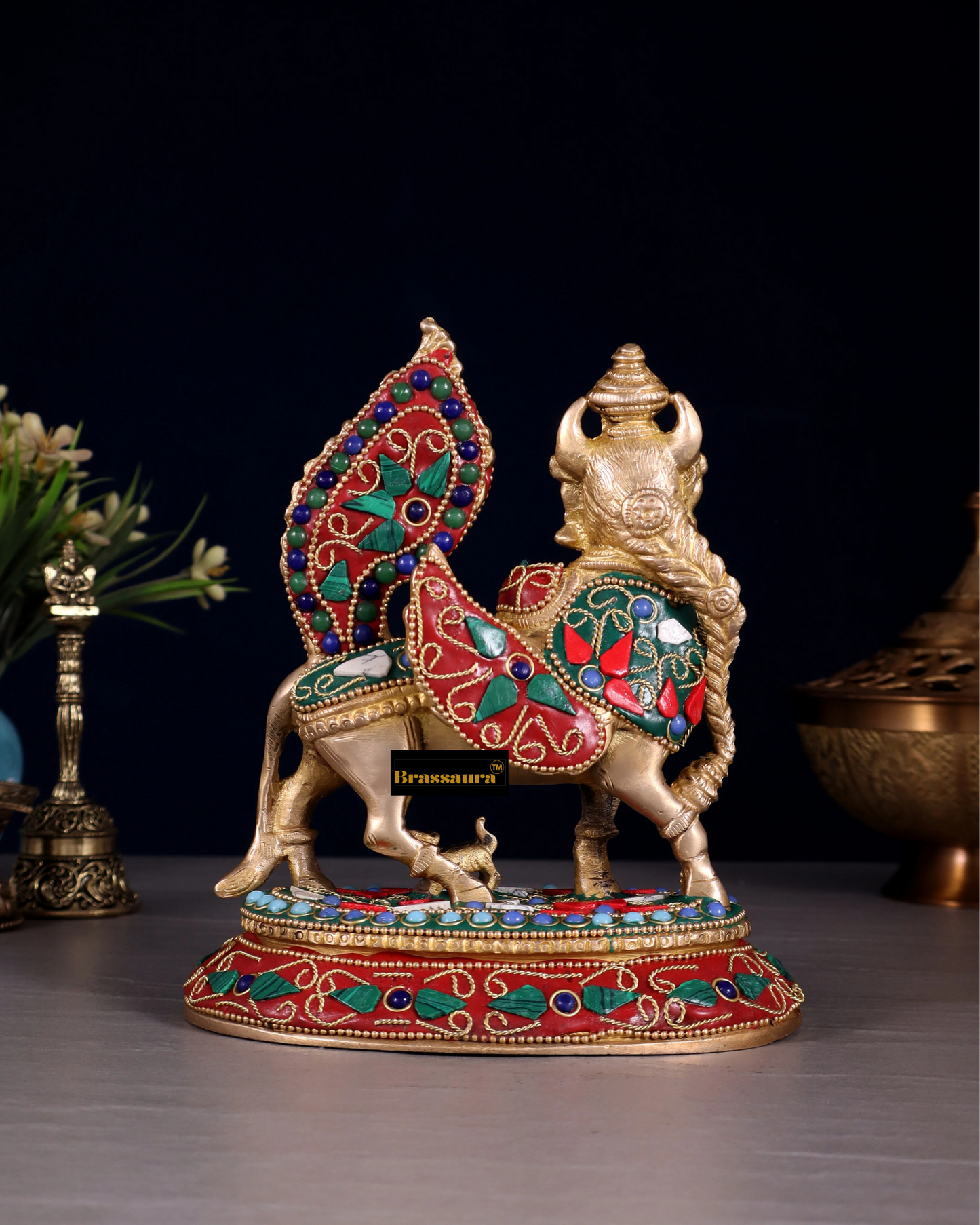 Brassaura™ Brass Kamdhenu Cow with Calf – Meenakari Stonework | 7 Inches Height | 1.59 Kgs Weight | Symbol of Nurturing & Prosperity