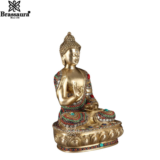 Brass Blessing Gem Stone Work Buddha Weight 10.8 kg & Height 17.5 Inch