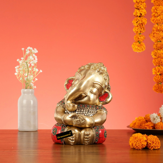 Brassaura™ Pure Brass Baby Ganesha Idol in Meditation with Natural Stones – Height 9 Inches, Weight 5 Kgs