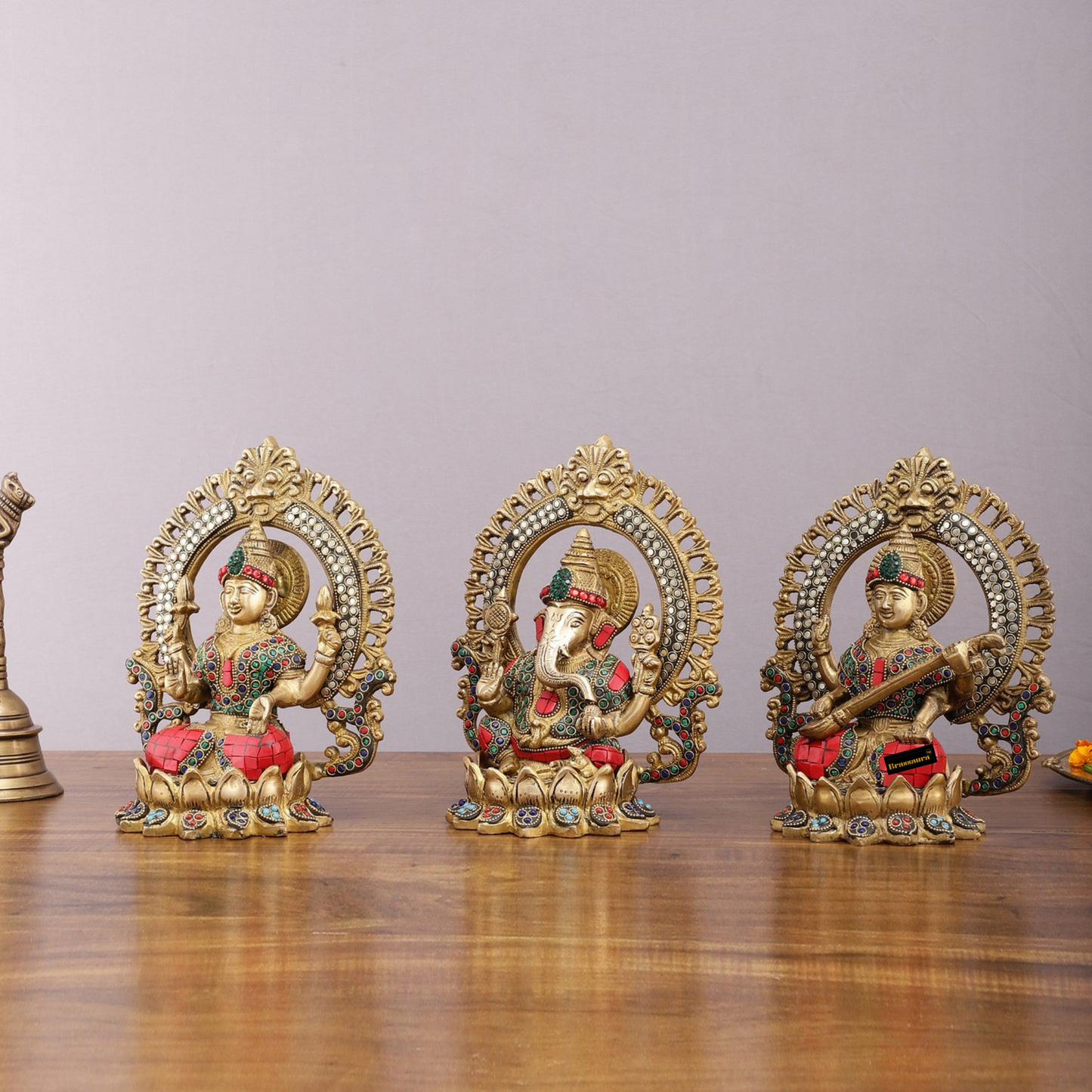 Brassaura™ Brass Ganesha, Lakshmi & Saraswati Idol Set – 9.5 Inch Height | 10.2 kg | Handcrafted with Meenakari Stonework