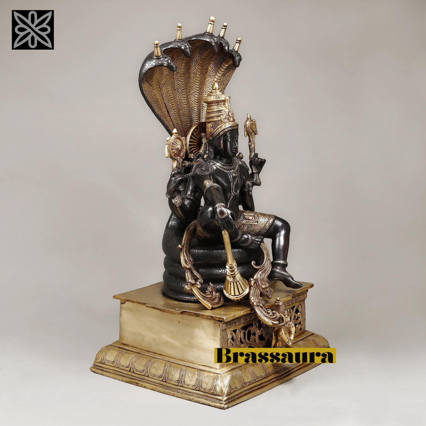 Brassaura™ Superfine Brass Lord Vishnu Idol with Sheshanaag & Hanuman | 29 Inches Height | 35 Kgs Weight | Black & Golden Heat-Treated Finish
