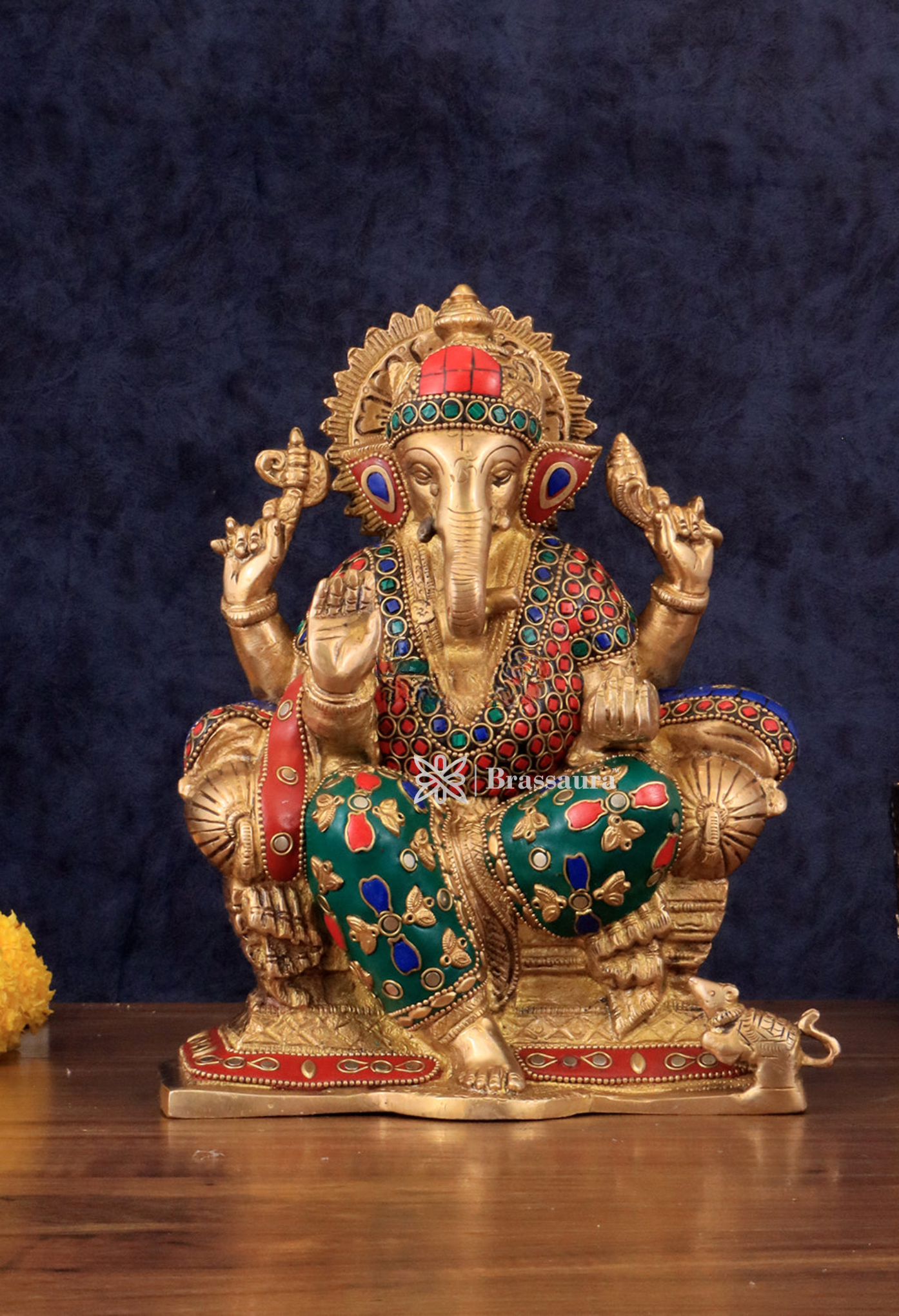 Brassaura™ Handcrafted Brass Ganesha Idol with Meenakari Stonework – 10 Inch Height | 5 kg | Artistic Spiritual Décor