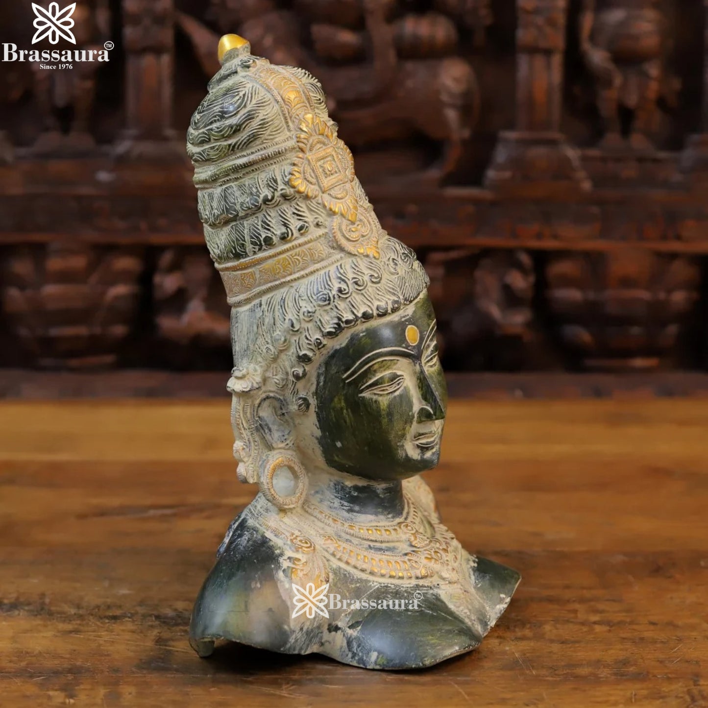 Brass Vintage Parvati Head Statue Weight 4.92 Kg And Height 12 Inch