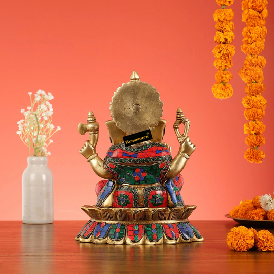 Brassaura™ Brass Lord Ganesha on Lotus Idol with Meenakari – Height 11 Inches, Weight 7 Kgs