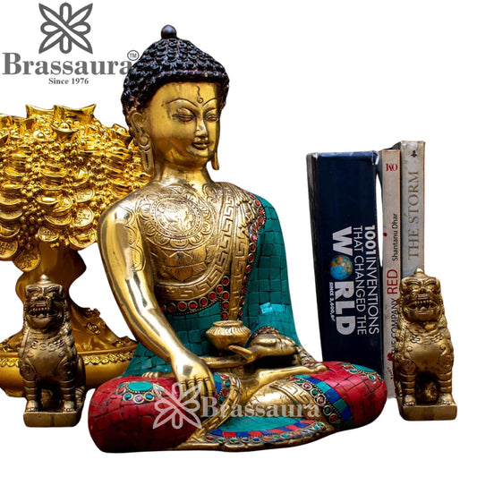 Brassaura® Buddha Sitting in Bhumisparsha Mudra with Turquoise, Red & Blue Inlay and Silver & Gold Finish | Pure Superfine Brass Handcrafted Murti | Brass Statue for Home Temple, Pooja Room | Height 12 Inches | Weight 6.2 Kgs
