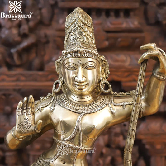 Brassaura® Lord Krishna with Kaliya Naag Idol | Pure Superfine Brass Handcrafted Fine Golden Finish Murti | Premium Krishna Standing on Serpent Statue for Home Temple, Spiritual Décor & Living Room | Height 29.5 Inches | Weight 13.96 Kgs