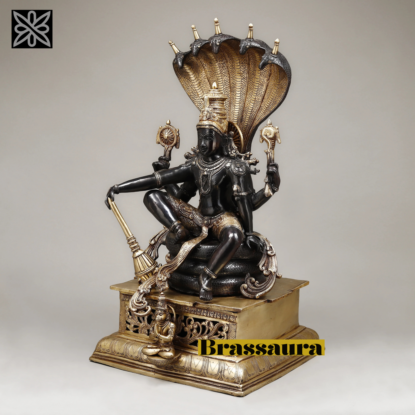 Brassaura™ Superfine Brass Lord Vishnu Idol with Sheshanaag & Hanuman | 29 Inches Height | 35 Kgs Weight | Black & Golden Heat-Treated Finish