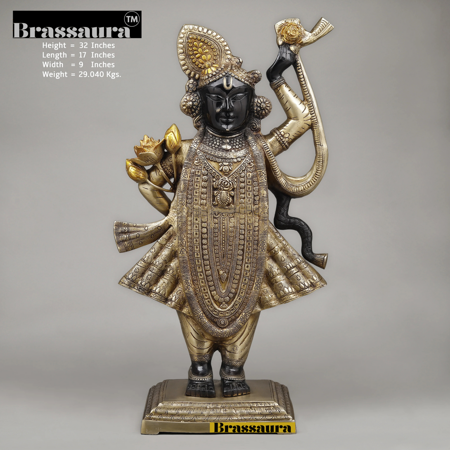 BrassAura™ Brass Krishna as Srinath – Golden & Black Patina Finish | Height 32 Inch | Weight 29.04 Kg