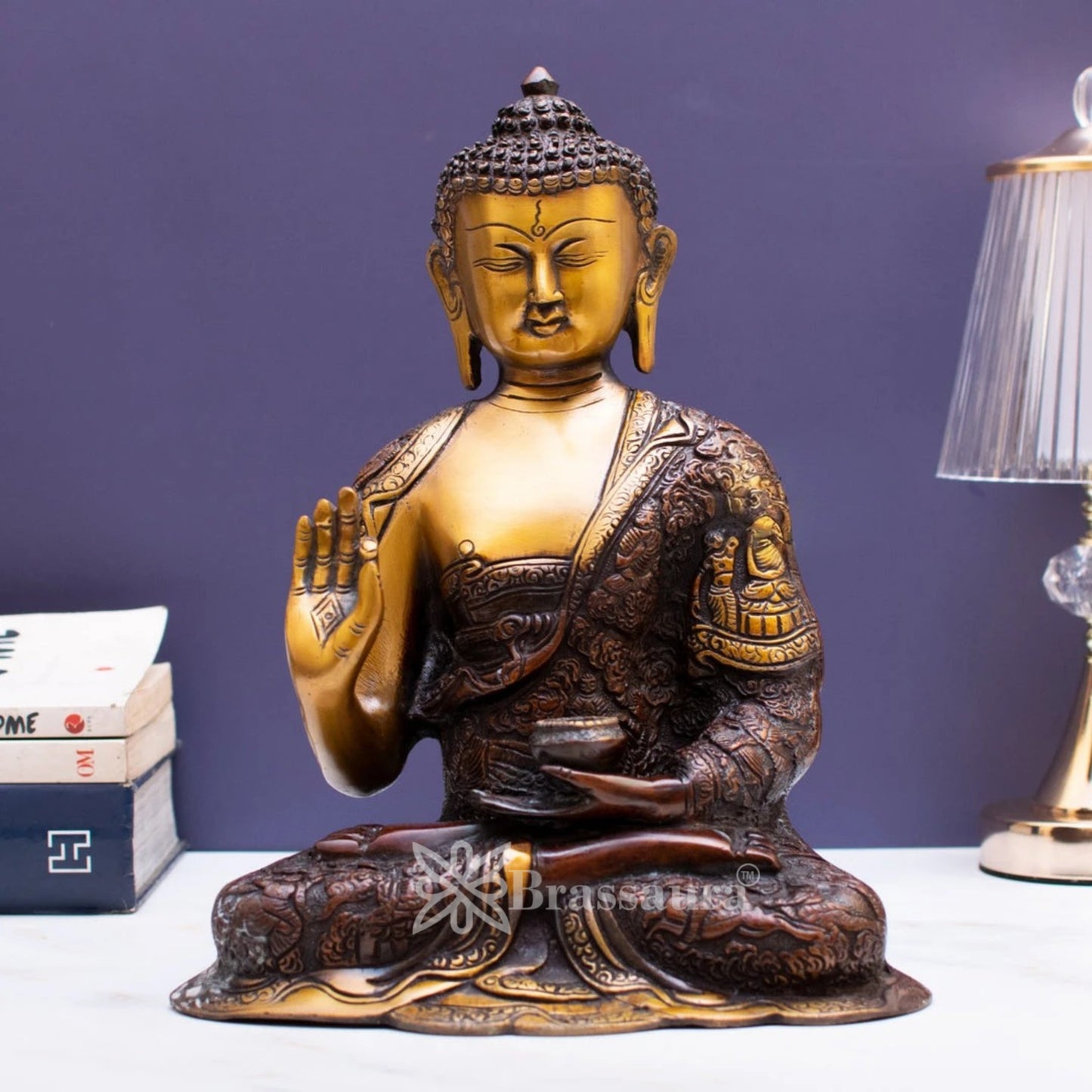Brass Blessing Gem Stone Work Buddha Weight 4.5 kg & Height 11 Inch