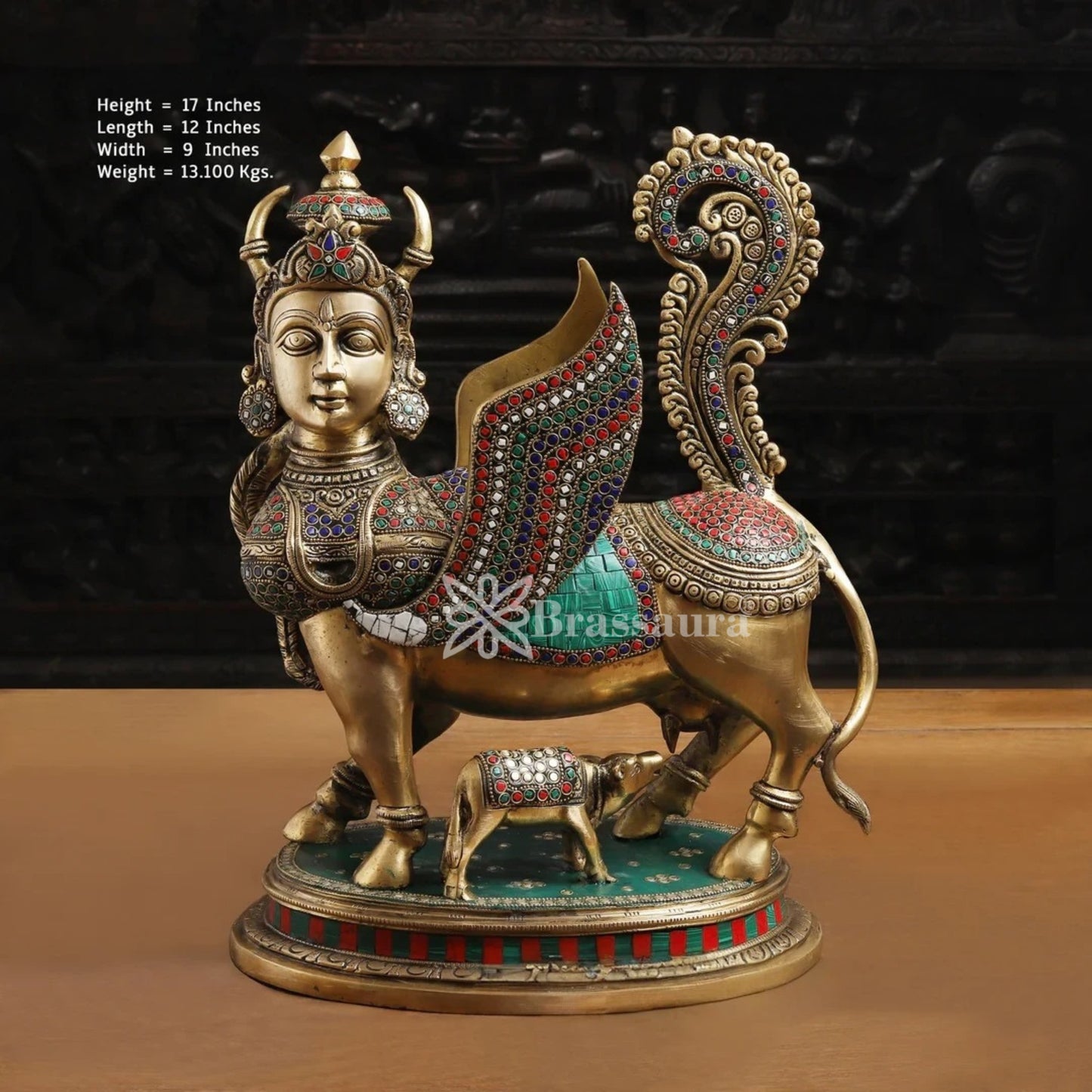 Brass Gem Stone Work Kaamdhenu Statue Weight 13.1 Kg And Height 17 Inch