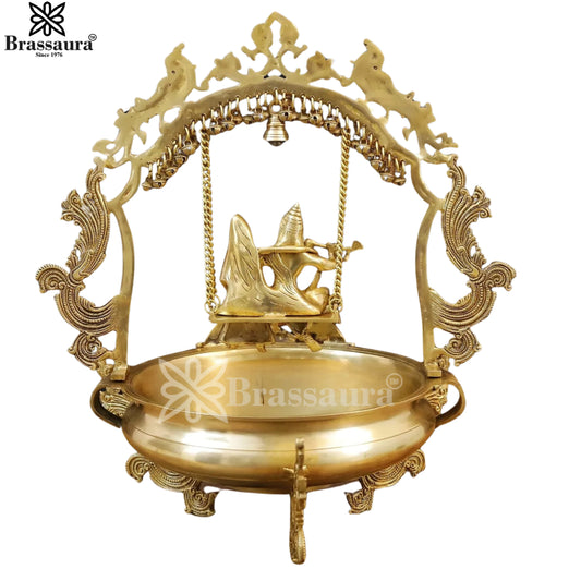 Brassaura® Radha Krishna Jhula Brass Urli | Handcrafted Decorative Centerpiece | Height 23.5 Inches & Weight 14.05 Kgs