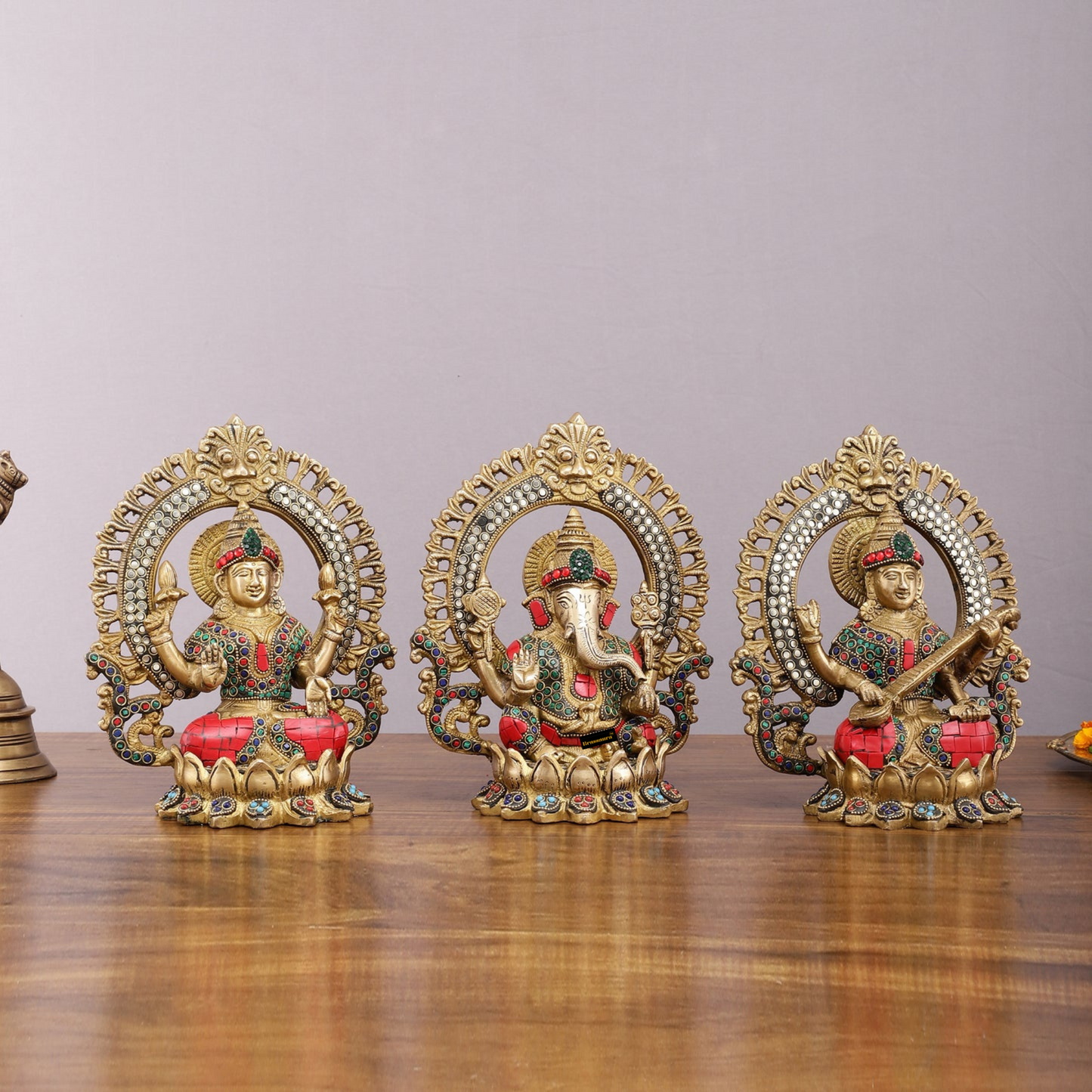 Brassaura™ Brass Ganesha, Lakshmi & Saraswati Idol Set – 9.5 Inch Height | 10.2 kg | Handcrafted with Meenakari Stonework