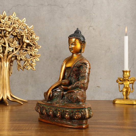 Brassaura™ Pure Brass Buddha Bhumisparsha Engraved Statue in Dual Tone – Height 9 Inches, Weight 2.73 Kgs