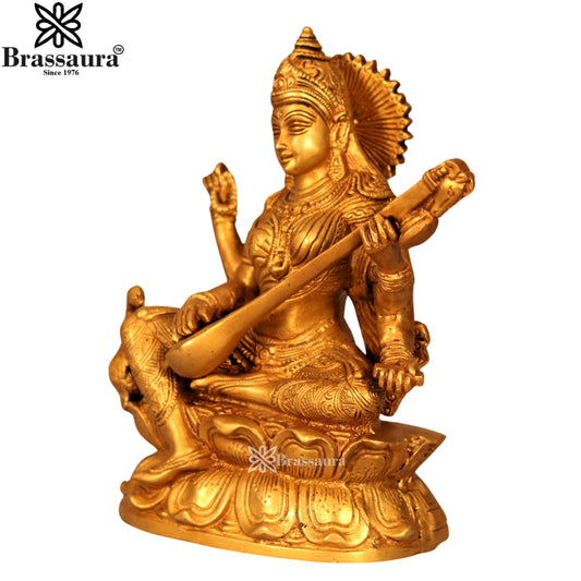 Brassaura™ Brass Saraswati Idol with Veena – Height 9.2 Inches & Weight 3.6 Kgs | Devotional Sculpture