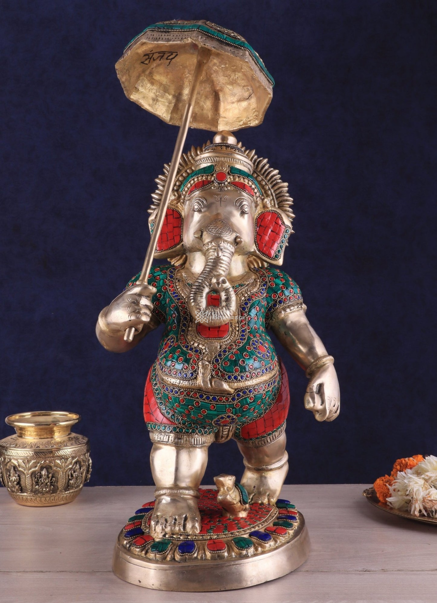 Brassaura™ Brass Lord Ganesha Holding Umbrella – 24" Height, 14 kg – Meenakari Stonework Masterpiece