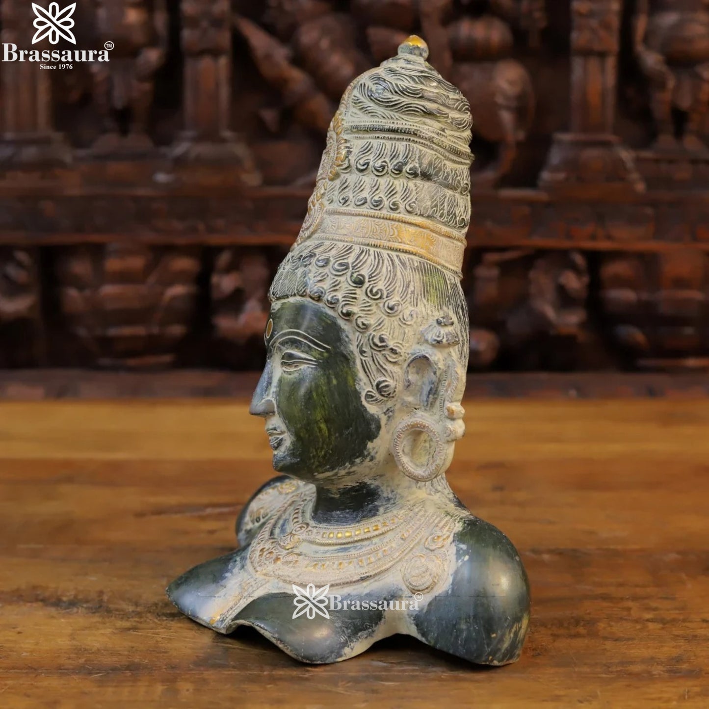Brass Vintage Parvati Head Statue Weight 4.92 Kg And Height 12 Inch