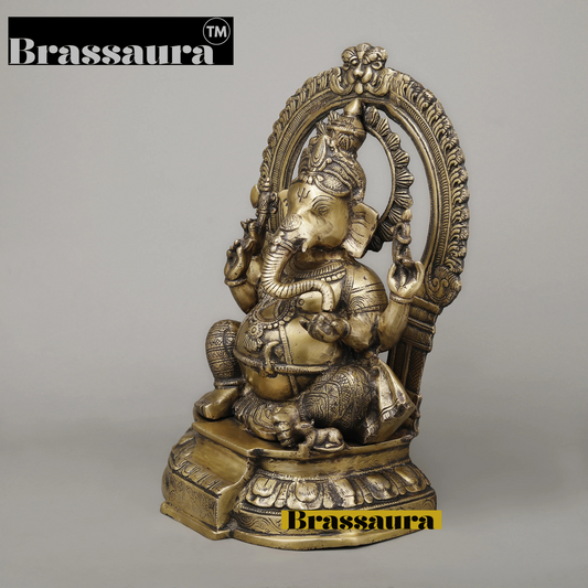 Brassaura™ Brass Ganesh Seated on Pedestal – Fine Golden Finish – Height 18.5 Inches, Weight 14.96 Kgs