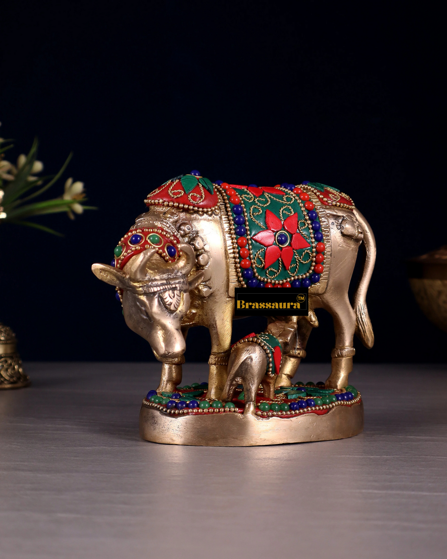 Brassaura™ Handcrafted Brass Kamdhenu Cow with Calf Idol | 3.8 Inches Height | 915g Weight | Symbol of Abundance & Blessings