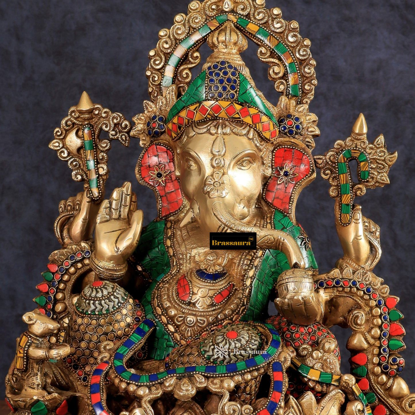 Brassaura™ Fine Quality Brass Jewellery Ganesha – 16" Height, 16 kg – Adorned with Natural Stones & Rings