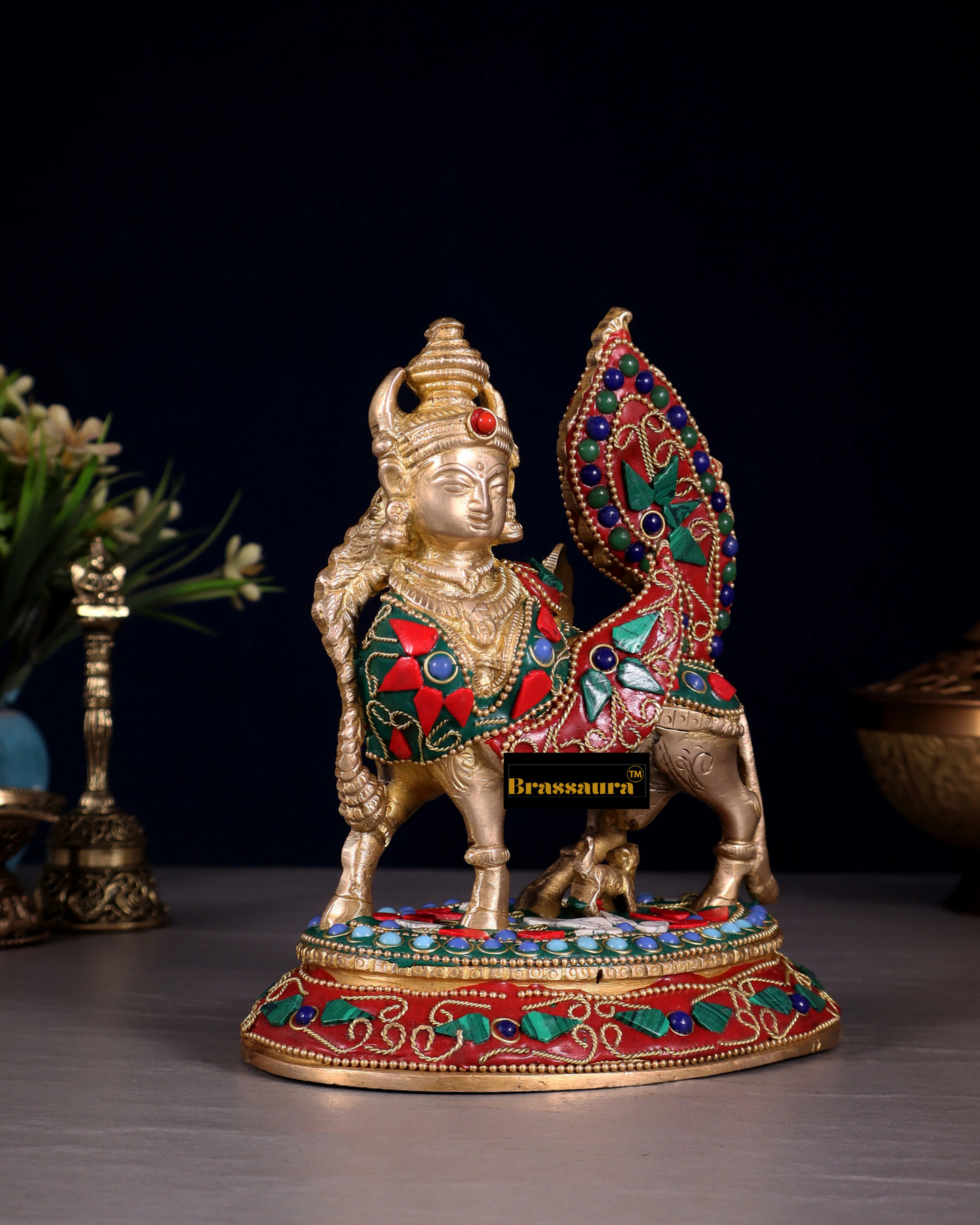 Brassaura™ Brass Kamdhenu Cow with Calf – Meenakari Stonework | 7 Inches Height | 1.59 Kgs Weight | Symbol of Nurturing & Prosperity