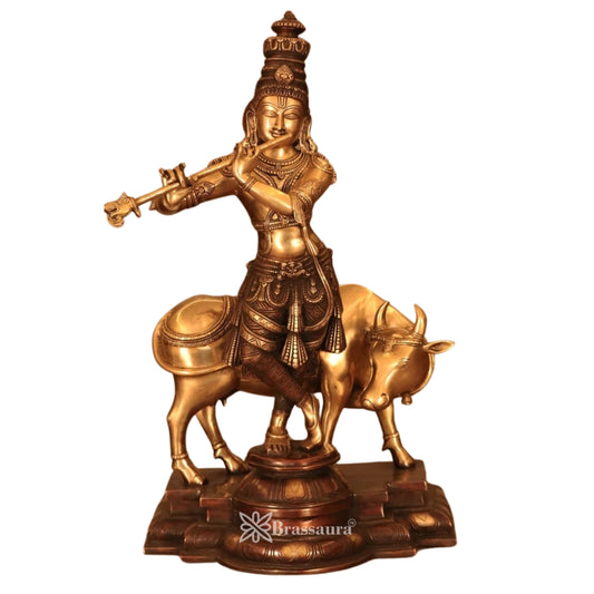 Brass Cow Krishna Murti Weight 26.7 Kg And Height 26.5 Inch