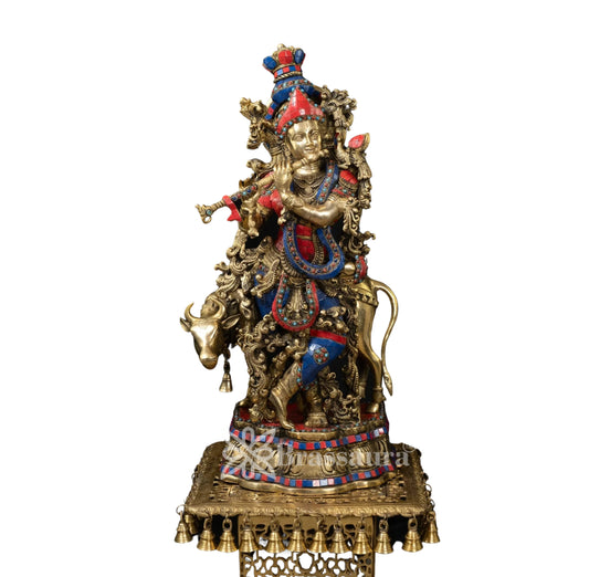 Brass Gem Stone Work Cow Krishna Murti Weight 24.3 Kg And Height 26 Inch