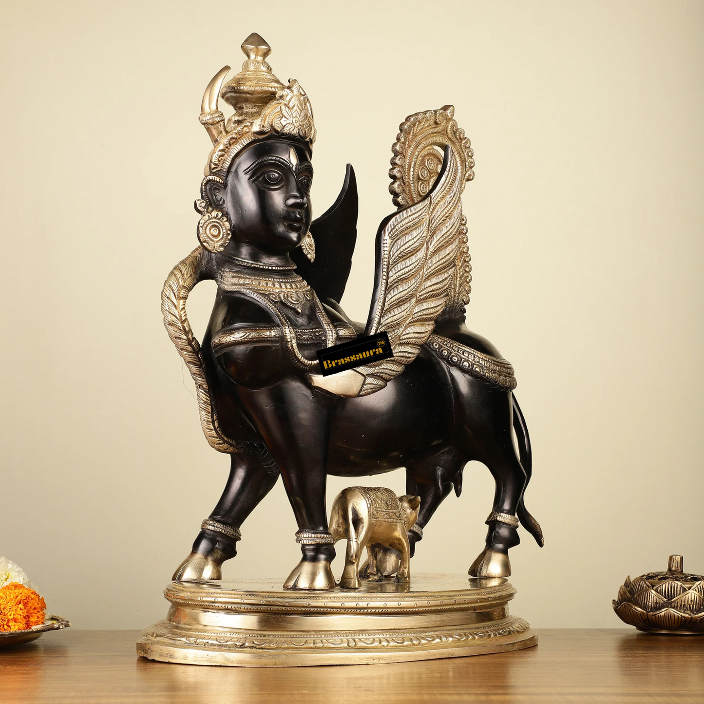 Brassaura™ Kamdhenu Cow with Wings and Mother Face Statue | 16.5 Inches Height | 14 Kgs Weight | Elegant Black Tone Brass