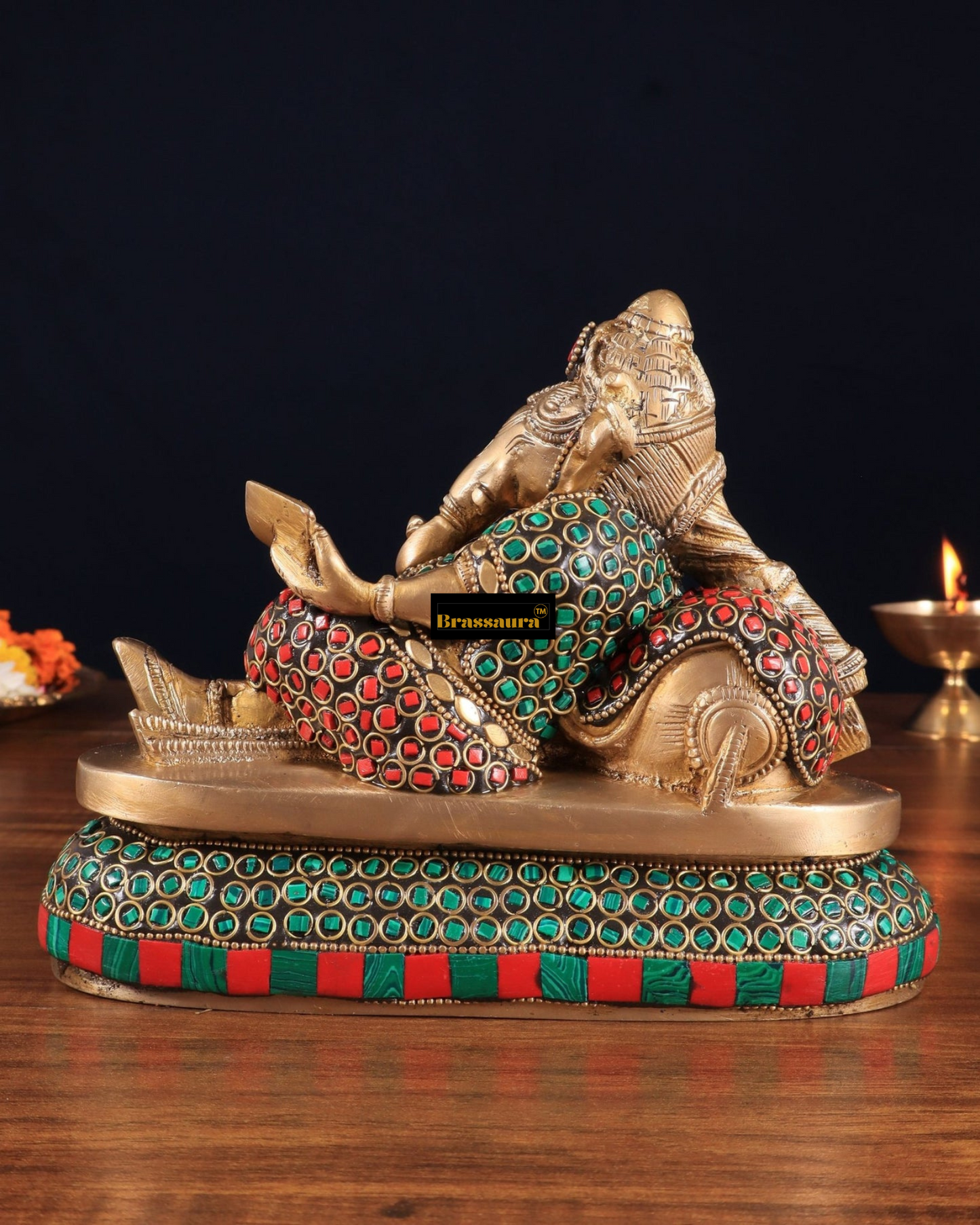 Brassaura™ Handcrafted Brass Ganapathi on Peacock Throne – 7.5" Height, 4.5 kg – Adorned with Multicolored Stones