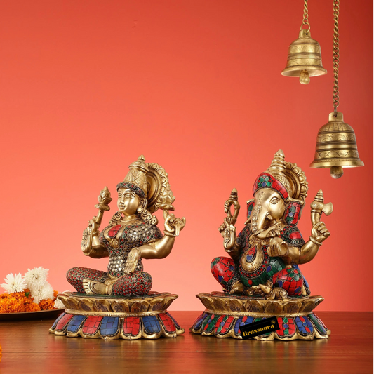 Brassaura® Brass Divine Pair – Lord Ganesha & Goddess Lakshmi on Lotus – Height 11 Inches