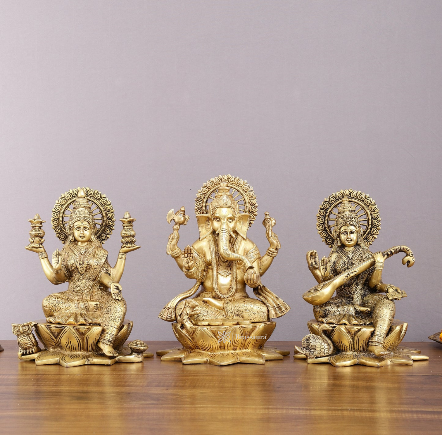 Brassaura™ Pure Brass Ganesh Lakshmi Saraswati Set – 11" Height, 19 kg – Handcrafted Trio for Prosperity & Wisdom
