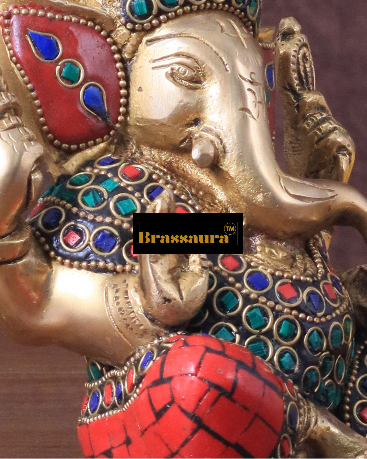 Brassaura™ Pure Brass Meenakari Lord Ganesha Idol – 6" Height, 1.8 kg – Handcrafted with Natural Colour Stones