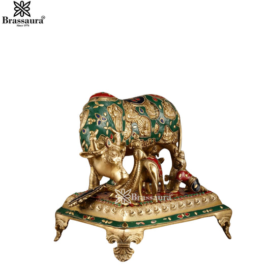 Brassaura™ Brass Gem Stone Work Kamdhenu Cow & Calf Idol – Height 7 Inches & Weight 7.8 Kgs | Artistic Spiritual Accent