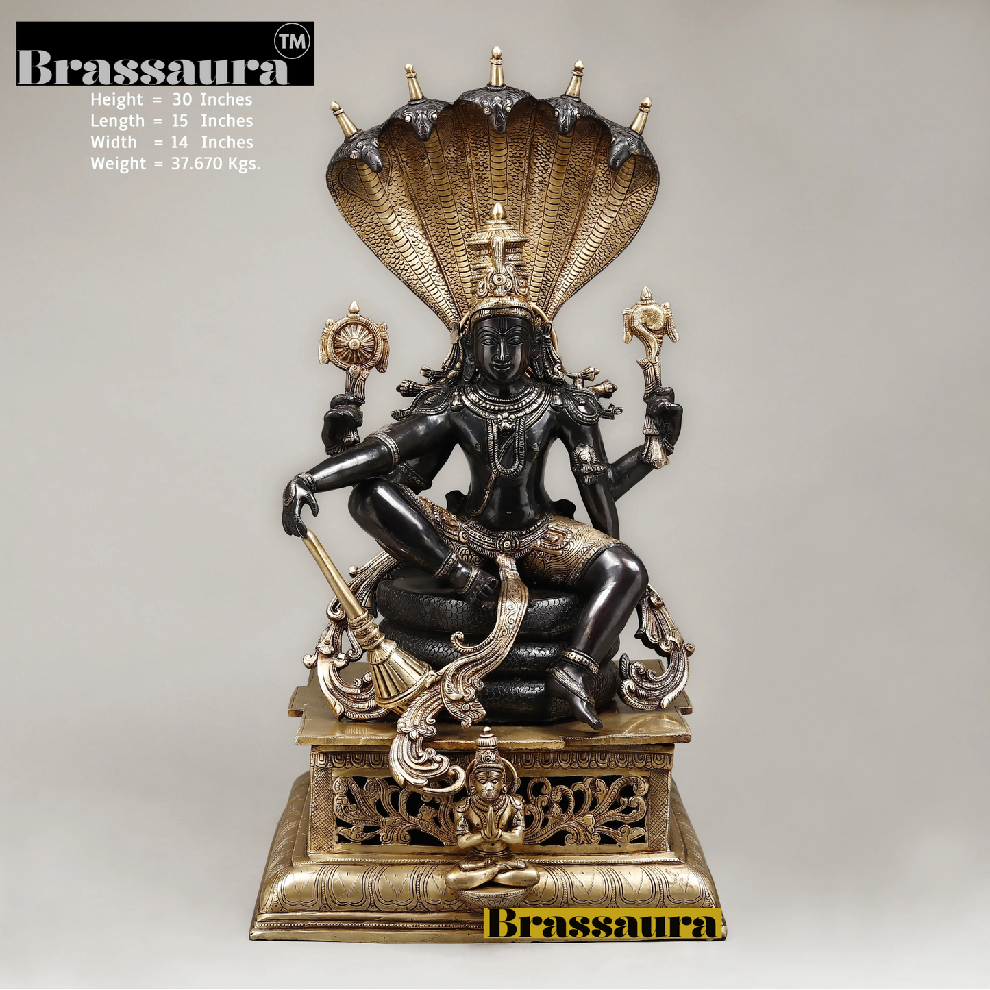 Brassaura™ Superfine Brass Lord Vishnu Idol with Sheshanaag & Hanuman | 29 Inches Height | 35 Kgs Weight | Black & Golden Heat-Treated Finish