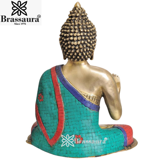 Brassaura® Buddha Sitting in Blessing Mudra Idol with Gem Stone Work Finish | Pure Superfine Brass Handcrafted Murti | Brass Statue for Home Temple, Pooja Room | Height 18.5 Inches | Weight 11 Kgs