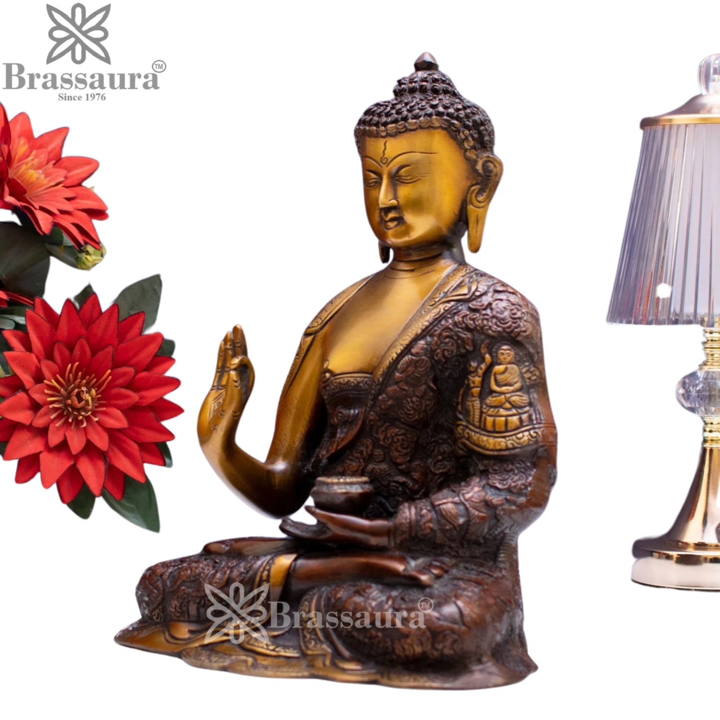 Brass Blessing Gem Stone Work Buddha Weight 4.5 kg & Height 11 Inch