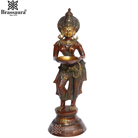 Brass Lady Holding Diya Weight 11.5 Kg And Height 28 Inch